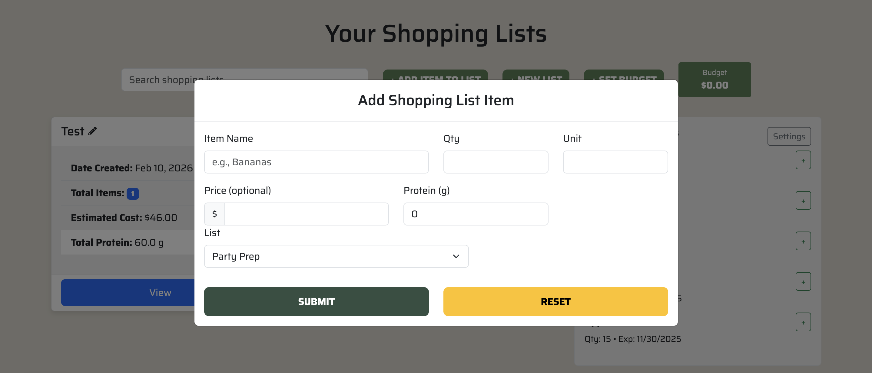 Shopping List Page Add Protein