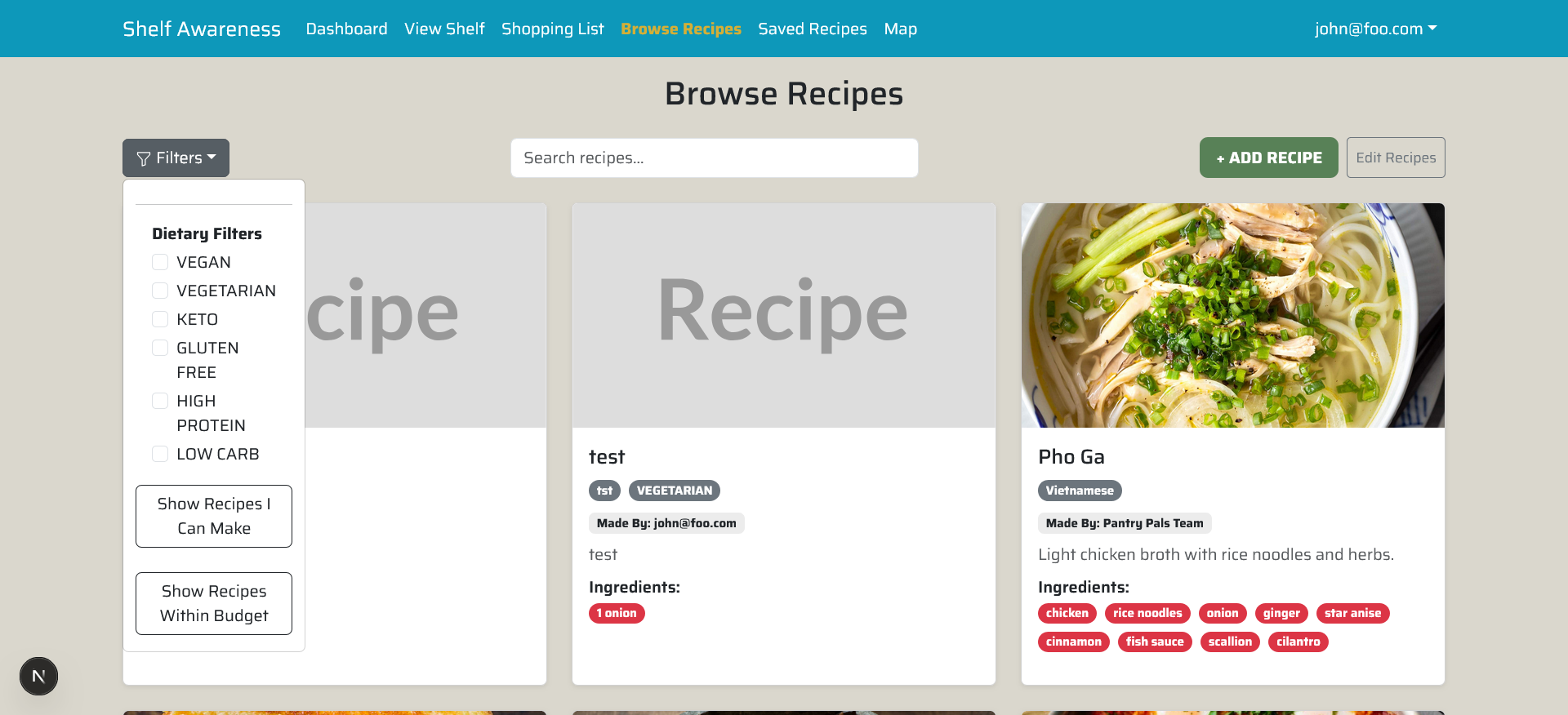 Dietary Filters on Recipe Page