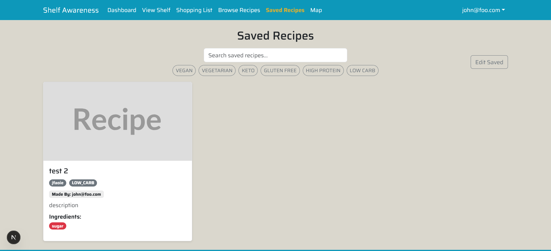 Dietary Filters on Saved Recipe Page