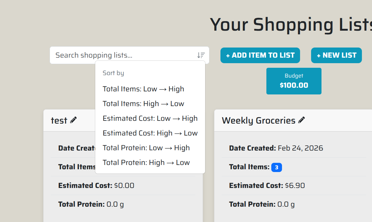 Sorting options for Shopping List view