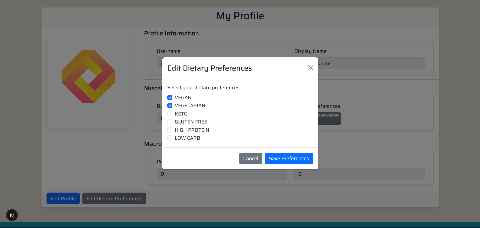 Diet preferences modal